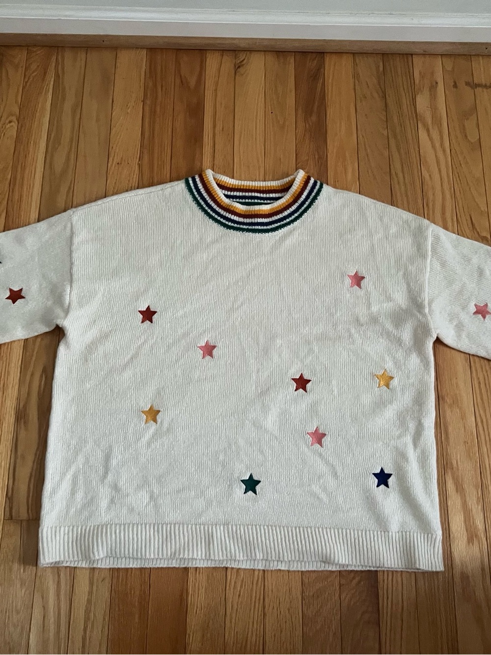 Maurices Cream Crewneck Sweater with Multicolor Star Appliqués